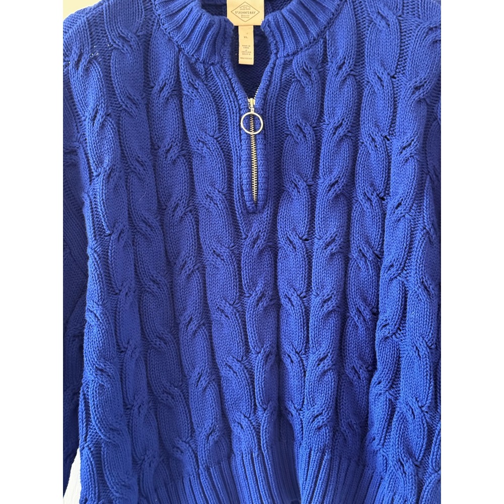 Royal Blue Cable Knit Quarter Zip Sweater Mock Neck XL Preppy Academia Cotton - Picture 4 of 8